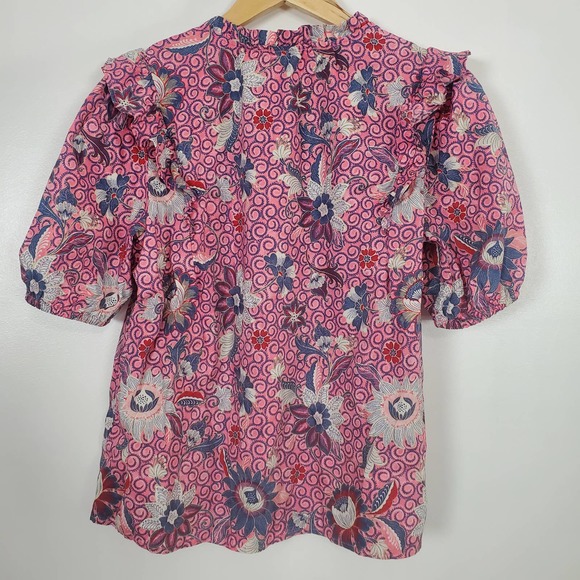 Loft XS blouse pink floral pattern frilly shoulder - Picture 2 of 4
